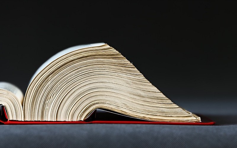 Aufgeschlagenes Buch mit rotem Einband, fotografiert von der Seite auf dunklem Hintergrund